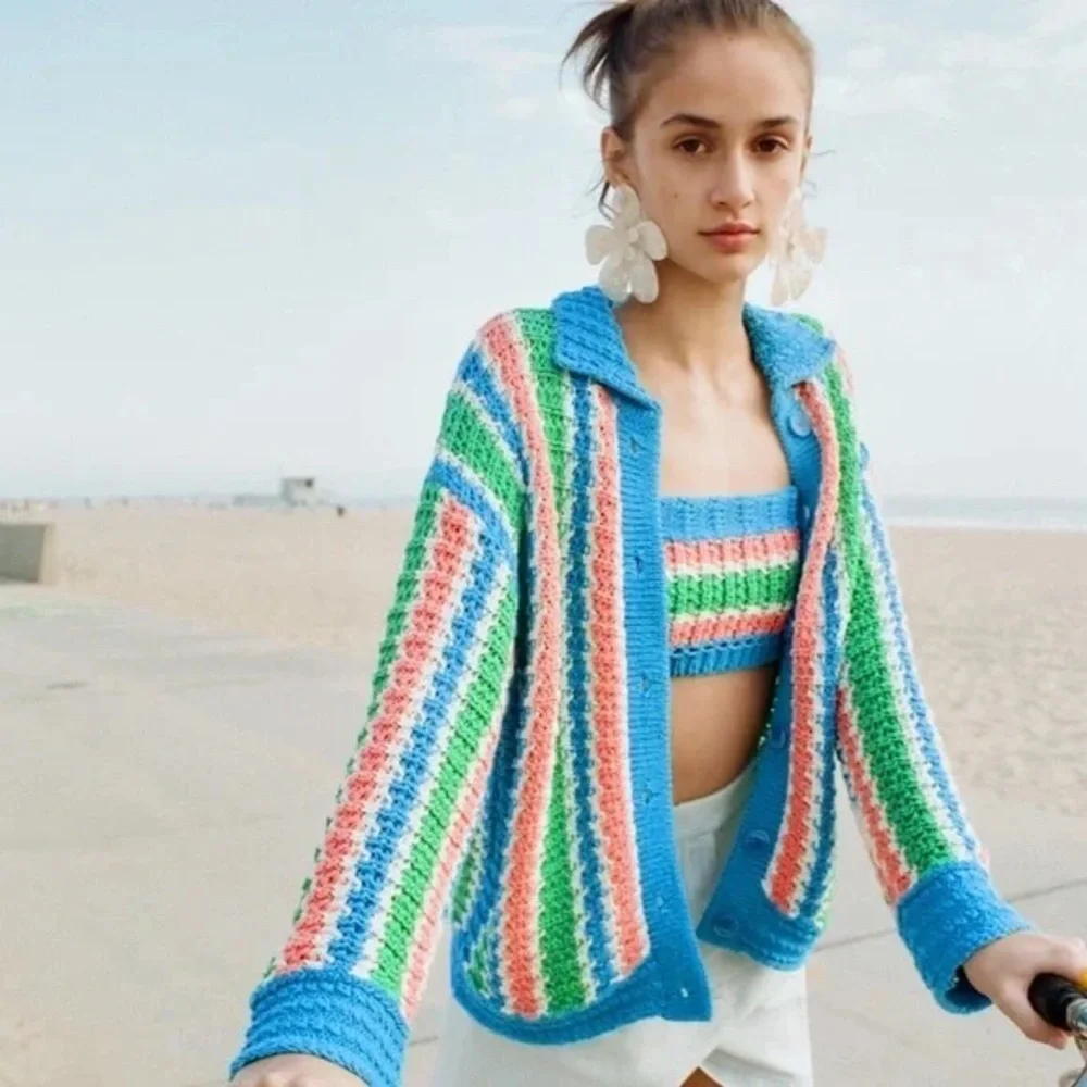 ZARA Bloggers Favorite MATCHING SET Crochet Crop Top & Cardigan Sweater Sz M